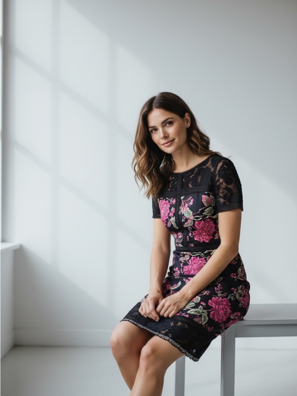 Tadashi Shoji Black Lace Midi Dress with Pink Floral Embroidery - Picture 3 of 13